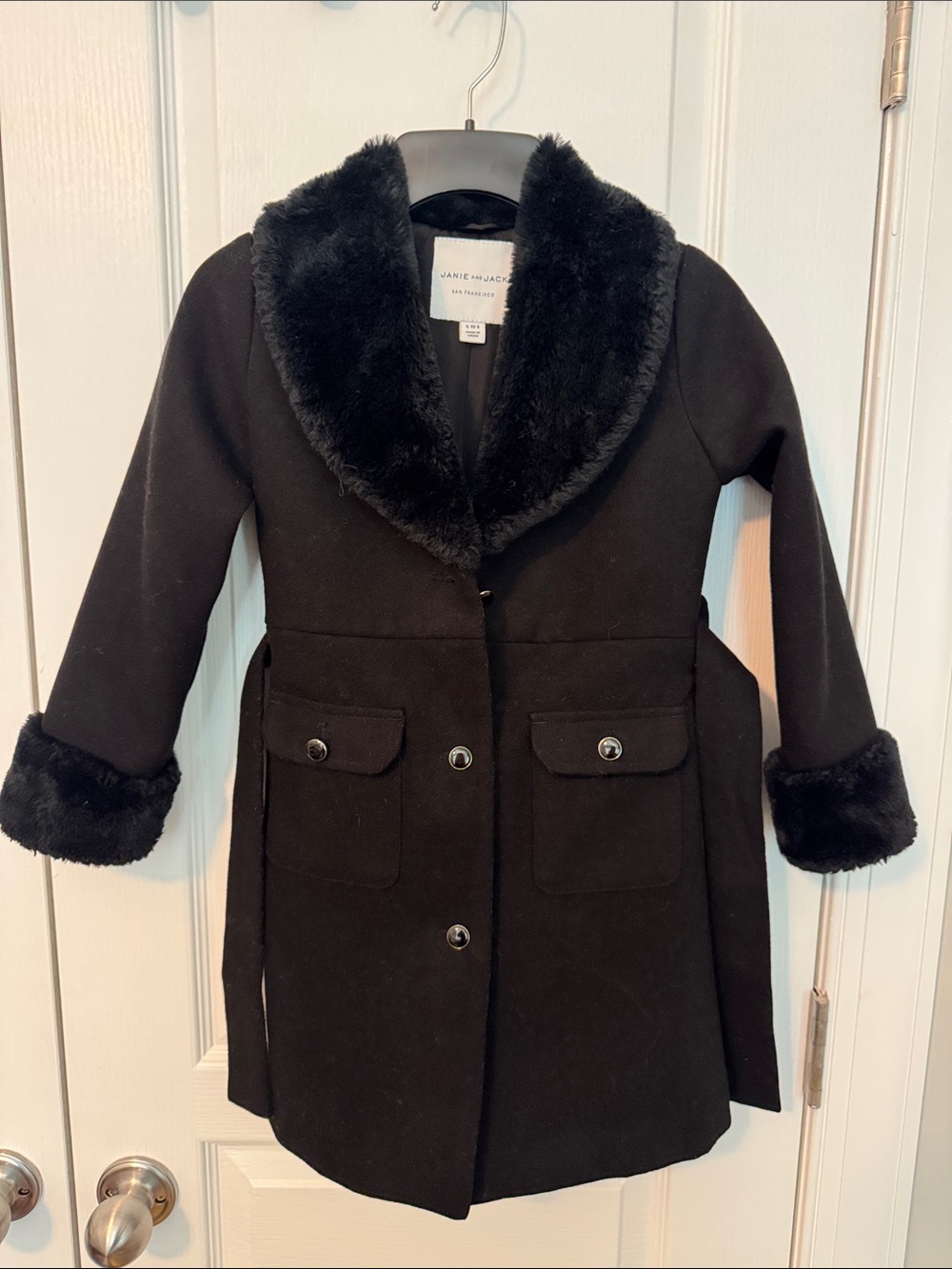 Janie and Jack Girls 5-6 Black Faux-Fur Trim Pea Coat